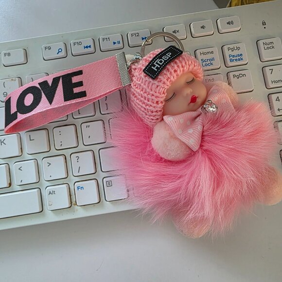 Cute Baby Sleeping Keychain with LOVE tag, Plush rabbit fur, Bag Charm, - Picture 5 of 7